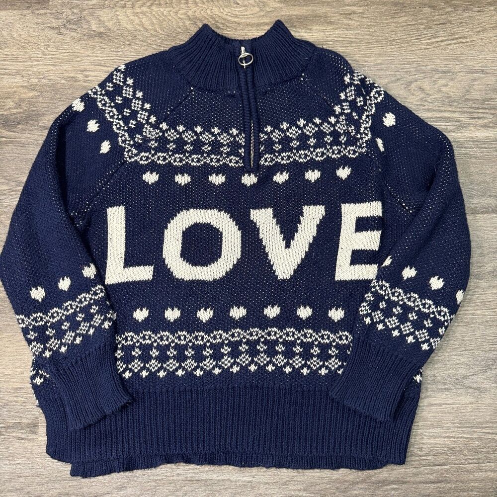 Aerie LOVE Fair Isle Quarter Zip Knit Sweater Navy Blue Cream Medium
